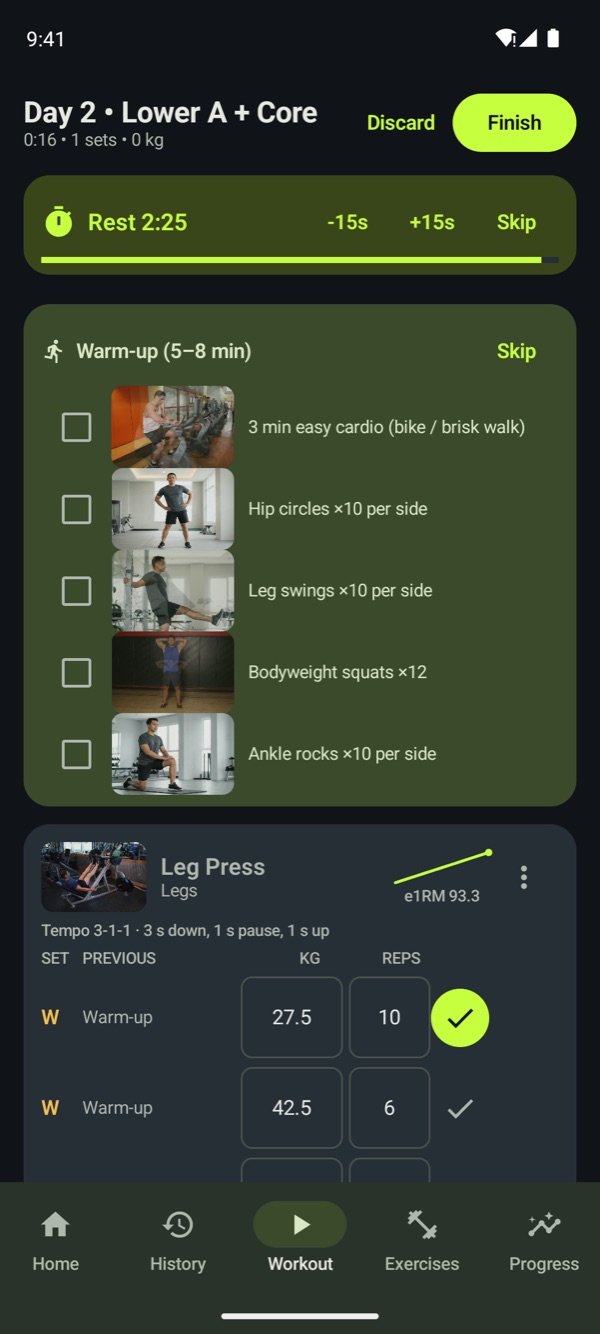 An active workout with rest timer and warm-up